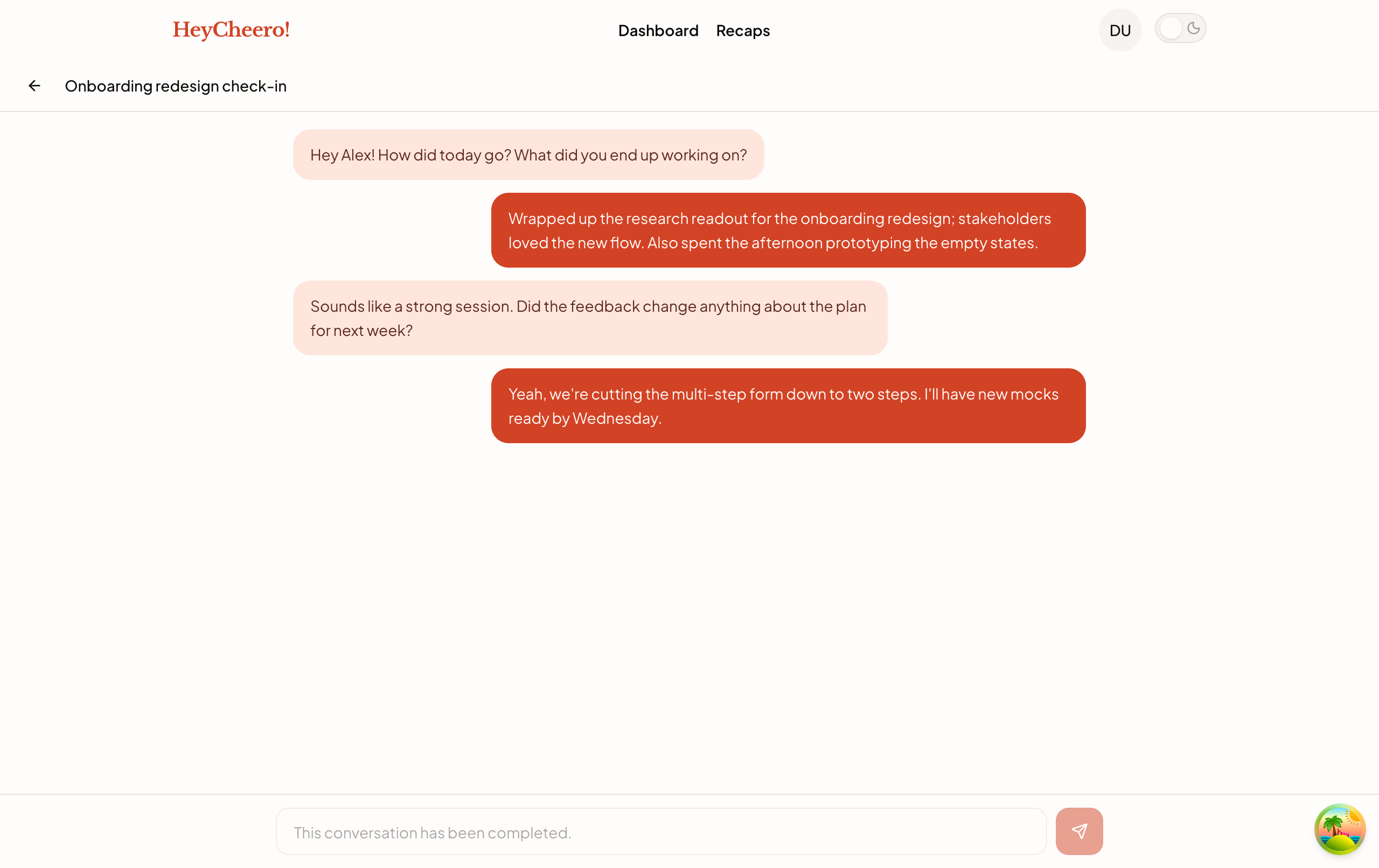 A daily check-in conversation, light theme.