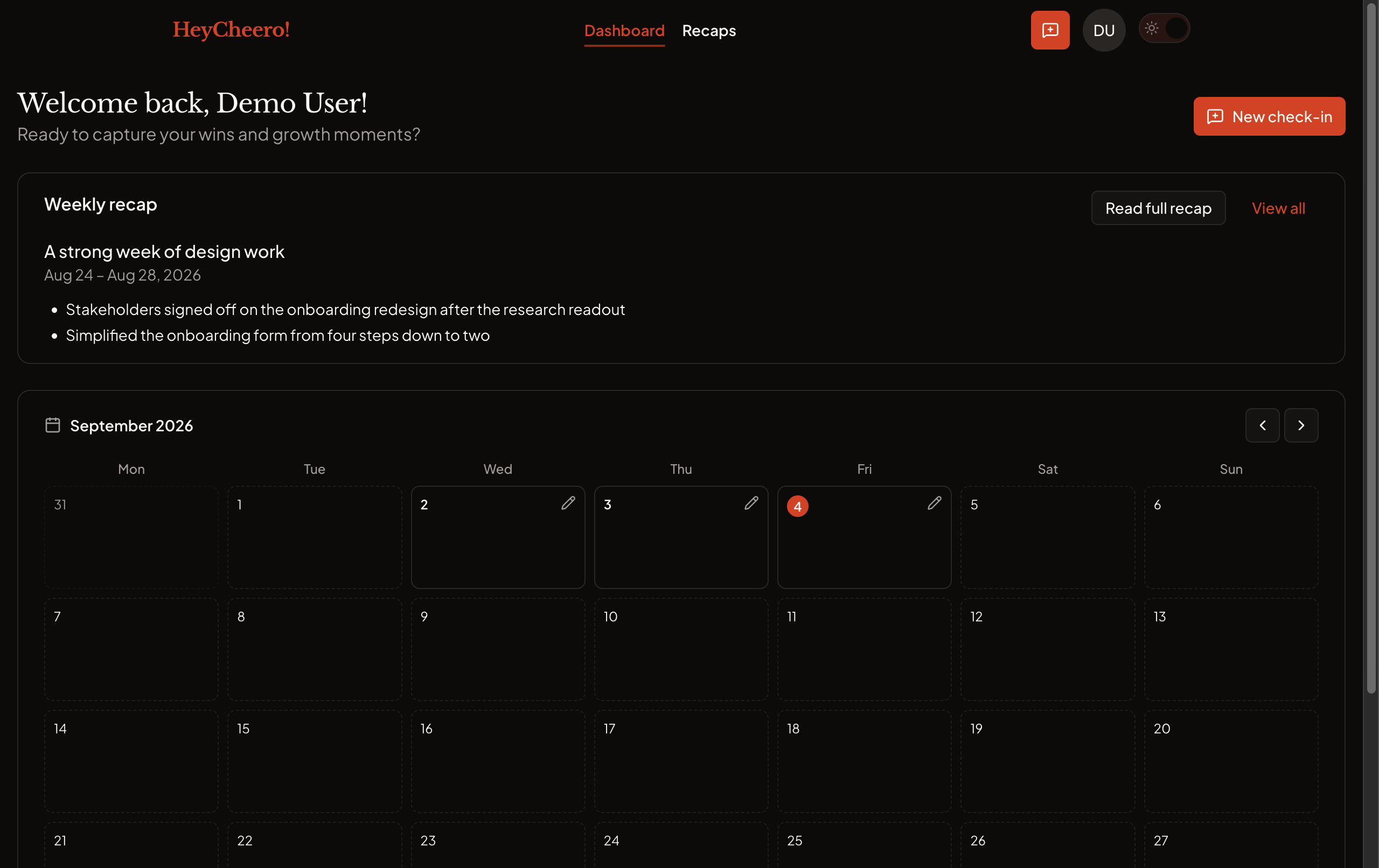 The dashboard overview, dark theme.