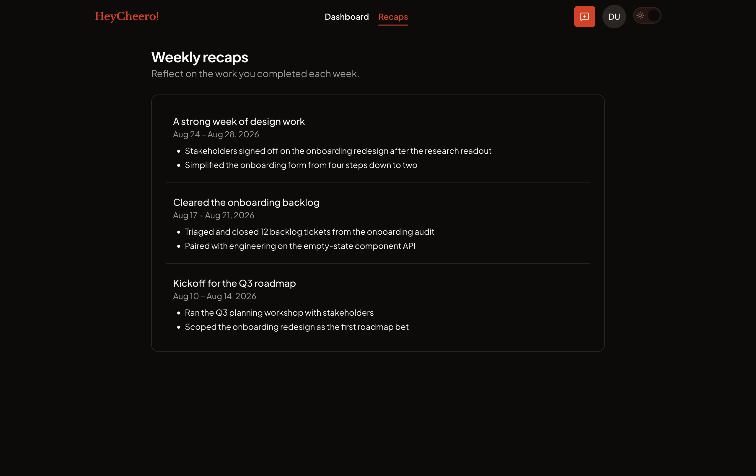 The weekly recaps list, dark theme.