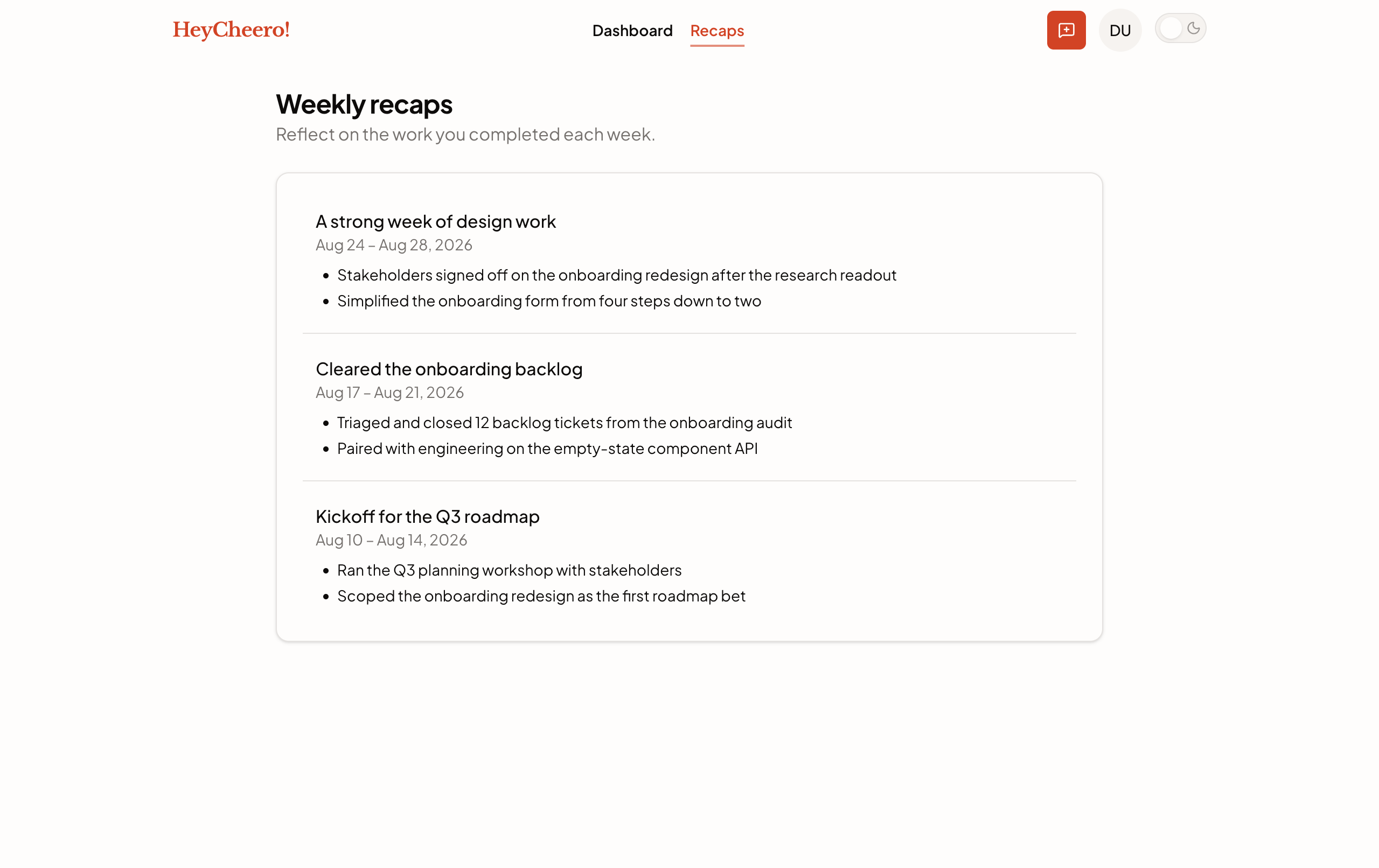 The weekly recaps list, light theme.