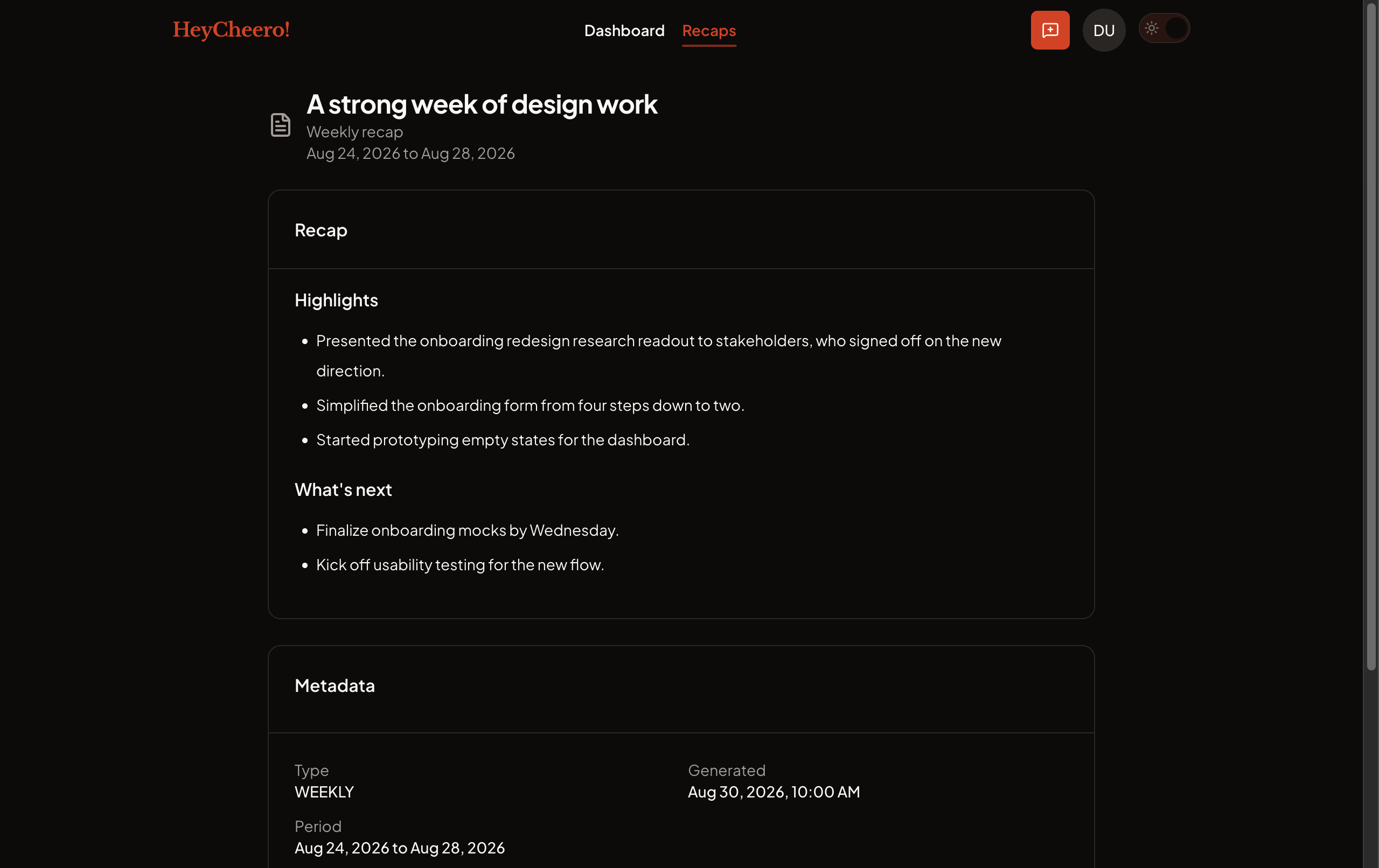 A generated weekly recap, dark theme.