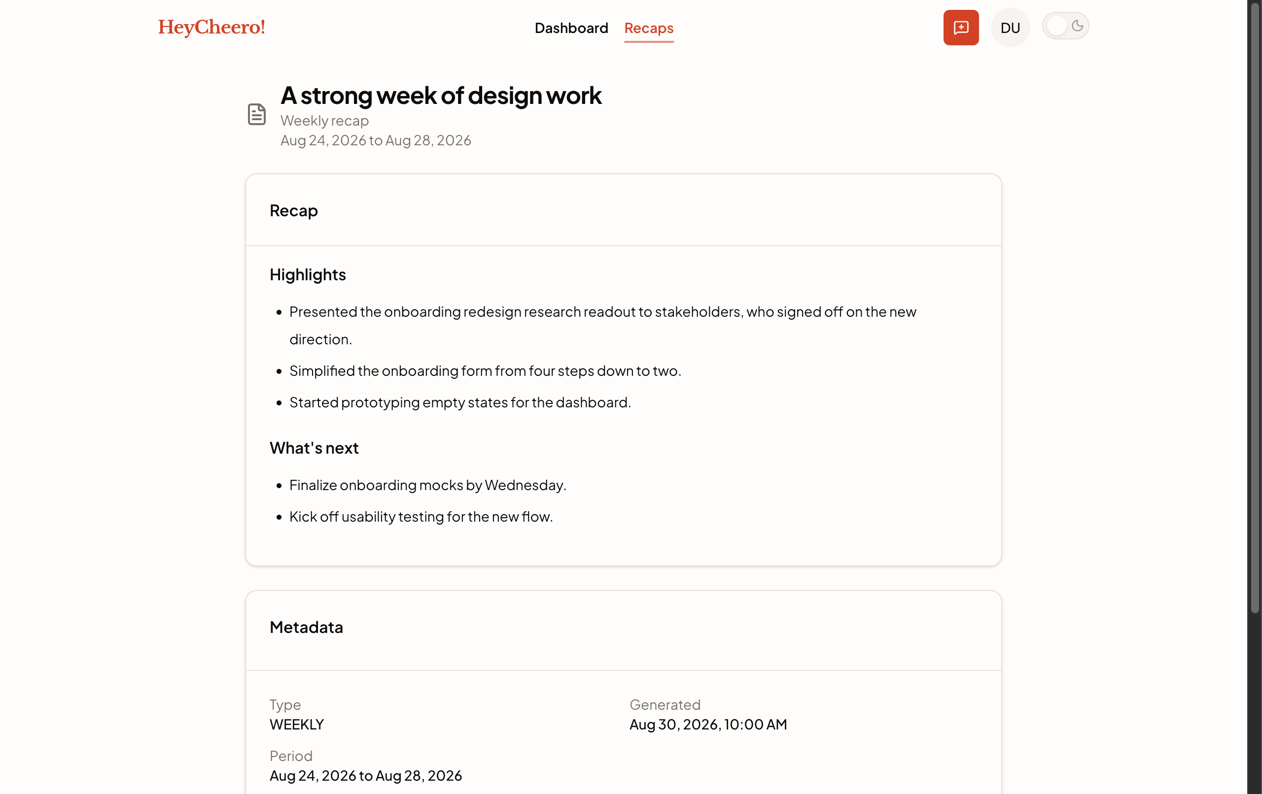 A generated weekly recap, light theme.